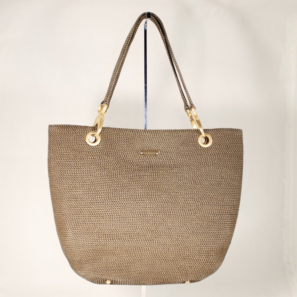 ERIC JAVITZ Black & Metallic Gold Woven Tote, Chunky Gold Accents, Medium Size - Picture 6 of 16